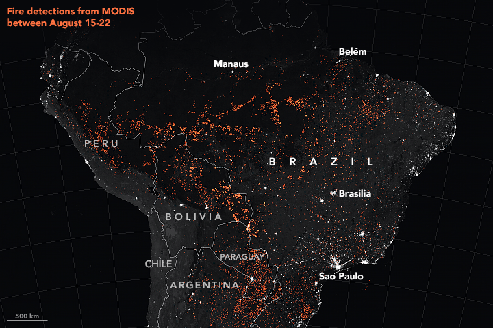 wykryte ogniska pożarów w Amazonii w okresie 15-22.-8.2019; źródło NASA Earth Observatory