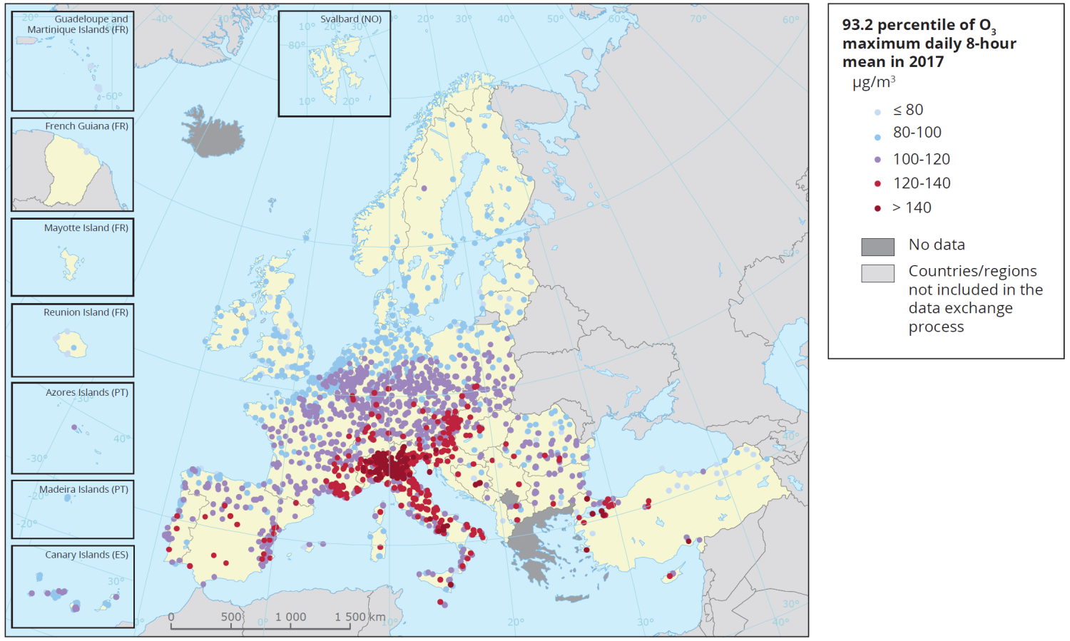 Przestrzenne zróżnicowanie stężeń ozonu troposferycznego w Europie, w roku 2017