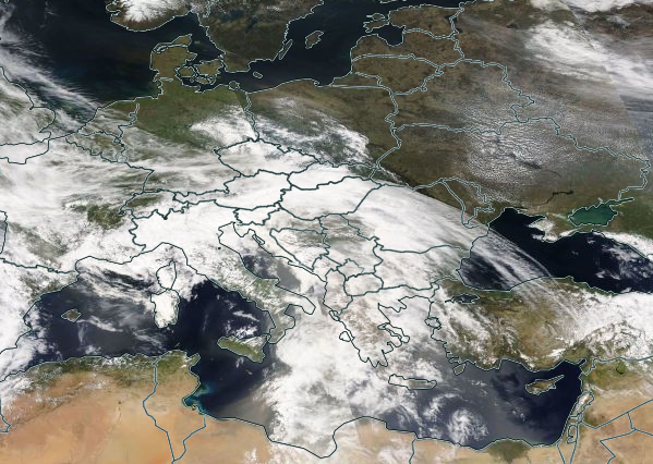 Zdjęcie satelitarne basenu Morza Śródziemnego i Europy Środkowej, z dnia 23.04.2019.