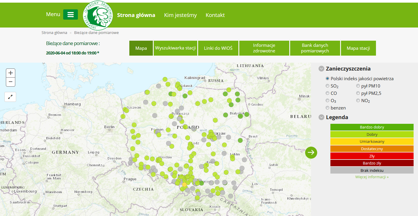 Portal GIOŚ z informacjami o wartościach Polskiego Indeksu Jakości Powietrza na polskich stacjach pomiarowych