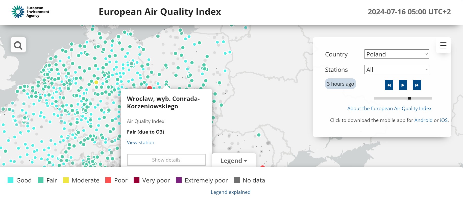 Portal internetowy „European Air Quality Index” EEA. Data dostępu 16.07.2024 r.