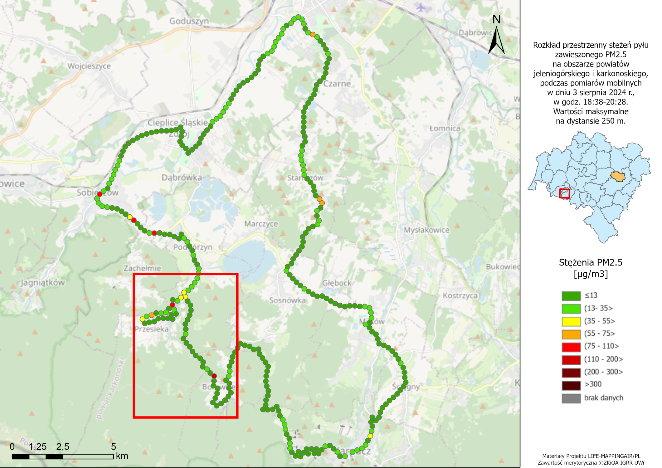 Maksymalne stężenia PM2.5 odnotowane na 250 m odcinkach trasy na obszarze Kotliny Jeleniogórskiej i przyległych dolin, w dniu 03.08.2024