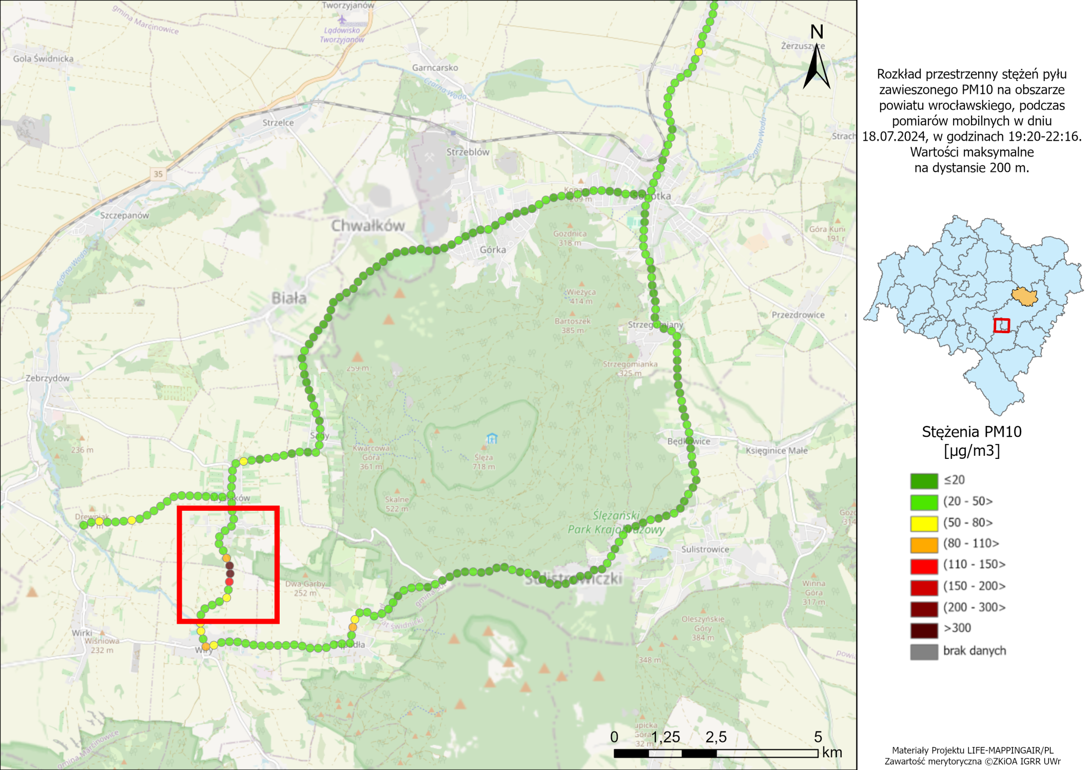 Maksymalne stężenia PM10 odnotowane na 200 m odcinkach trasy wokół góry Ślęży, w dniu 18.07.2024