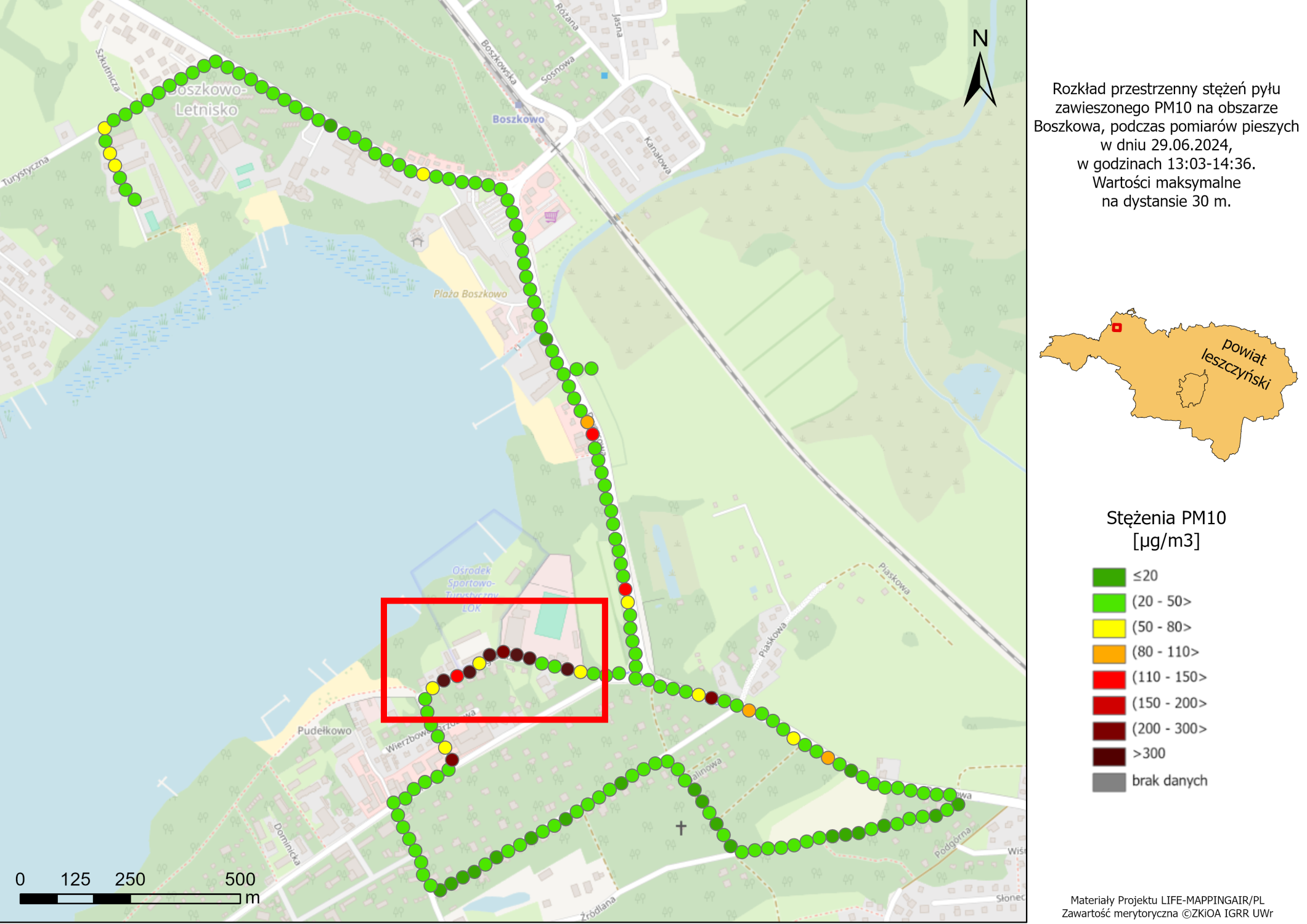 Maksymalne stężenia PM10 odnotowane na 30 m odcinkach trasy, w jednej z miejscowości wypoczynkowych Pojezierza Leszczyńskiego, w dniu 29.06.2024