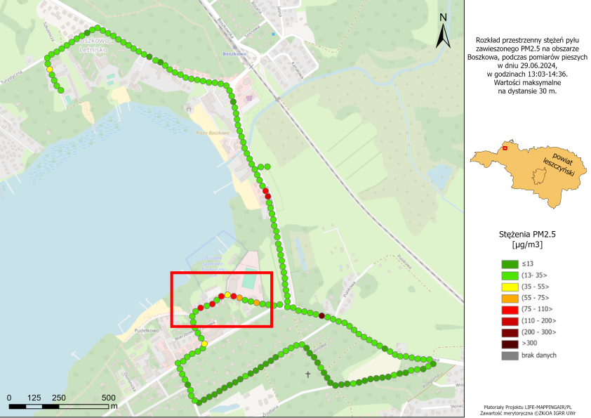 Maksymalne stężenia PM2.5 odnotowane na 30 m odcinkach trasy, w jednej z miejscowości wypoczynkowych Pojezierza Leszczyńskiego, w dniu 29.06.2024