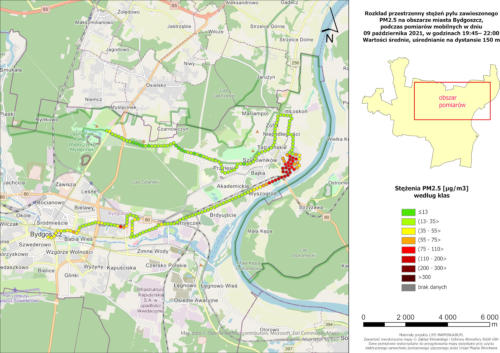 Wyniki mobilnych pomiarów stężeń PM2.5, 2021-10-09, pomiary wieczorne, wartości średnie stężeń na 150-metrowych odcinkach trasy
