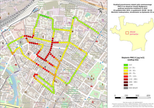 Wyniki mobilnych pomiarów stężeń PM2.5, 2021-10-10, pomiary wieczorne - mapa szczegółowa - Śródmieście, wartości maksymalne stężeń na 20-metrowych odcinkach trasy
