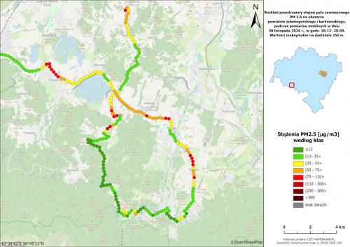 Wyniki wieczornego przejazdu pomiarowego na obszarze Kotliny Jeleniogórskiej, w dniu 30.11.2024 - maksymalne stężenia pyłu zawieszonego PM2.5, odnotowane na 250-metrowych odcinkach trasy przejazdu