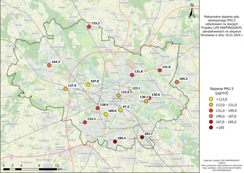 Maksymalne stężenia PM2.5 na stacjach projektu LIFE-MAPPINGAIR/PL we Wrocławiu w dniu 10.10.2024