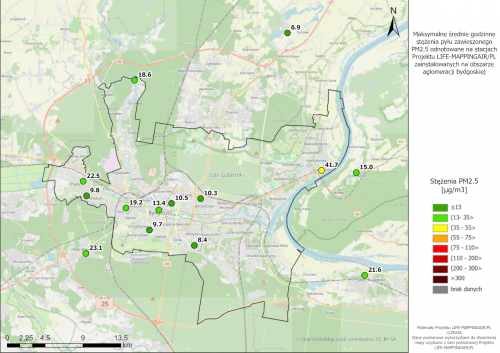 2. Maksymalne średnie godzinne stężenia PM2.5 odnotowane na stacjach pomiarowych Projektu LIFE-MAPPINGAIR/PL w Bydgoszczy, w nocy z 22 na 23.04.2024