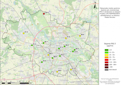 1. Maksymalne średnie godzinne stężenia PM2.5 odnotowane na stacjach pomiarowych Projektu LIFE-MAPPINGAIR/PL we Wrocławiu, w nocy z 22 na 23.04.2024