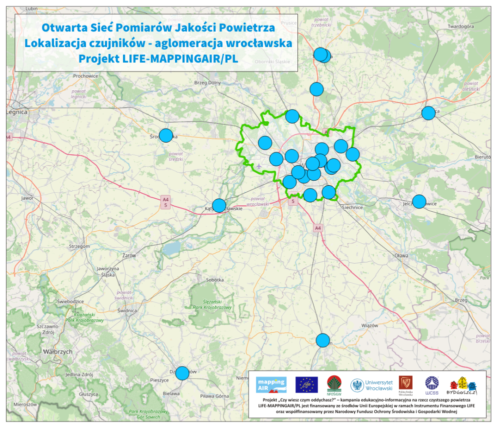 Lokalizacja czujników otwartej sieci pomiarów jakości powietrza Projektu LIFE-MAPPINGAIR/PL na obszarze aglomeracji wrocławskiej