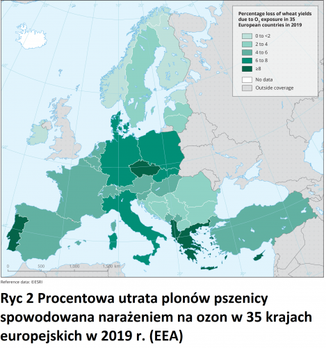 ryc-2 Procentowa utrata plonów pszenicy spowodowana narażeniem na ozon w 35 krajach europejskich w 2019 r. (EEA) 