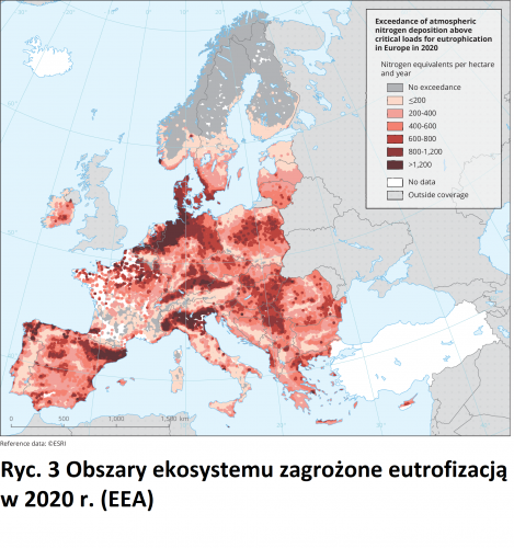 ryc-3 Obszary ekosystemu zagrożone eutrofizacją w 2020 r. (EEA)